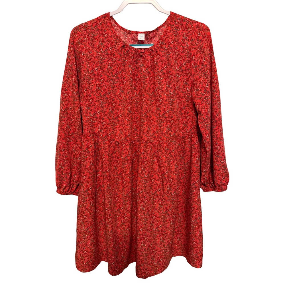 Old Navy Red Floral Ditsy Long Sleeve Babydoll Mini Dress Large Rayon